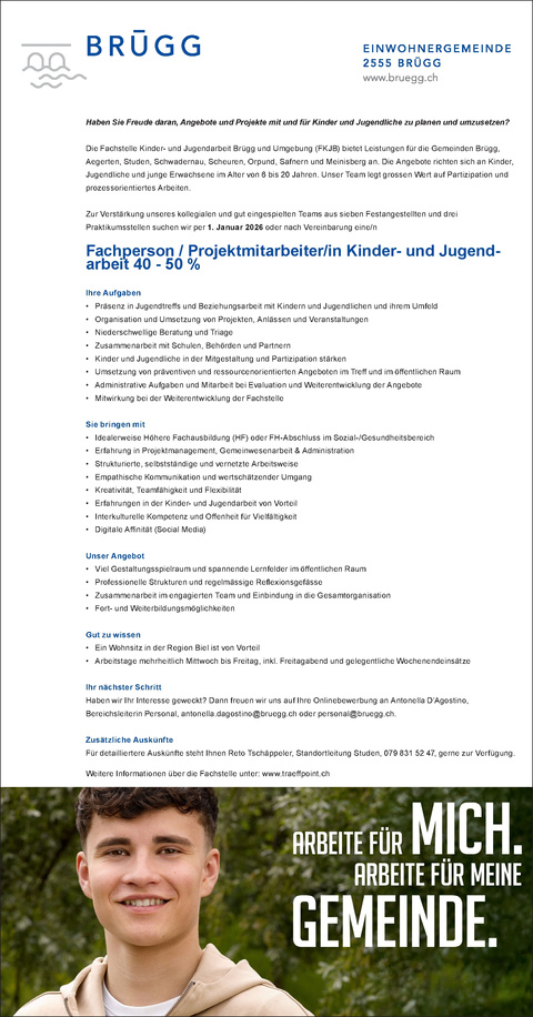 Fachperson ProjektmitarbeiterIN Kinder- und Jugendarbeit 40 - 50 